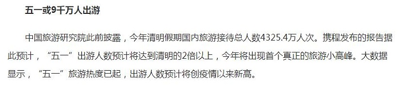 五一假期出游人數統計